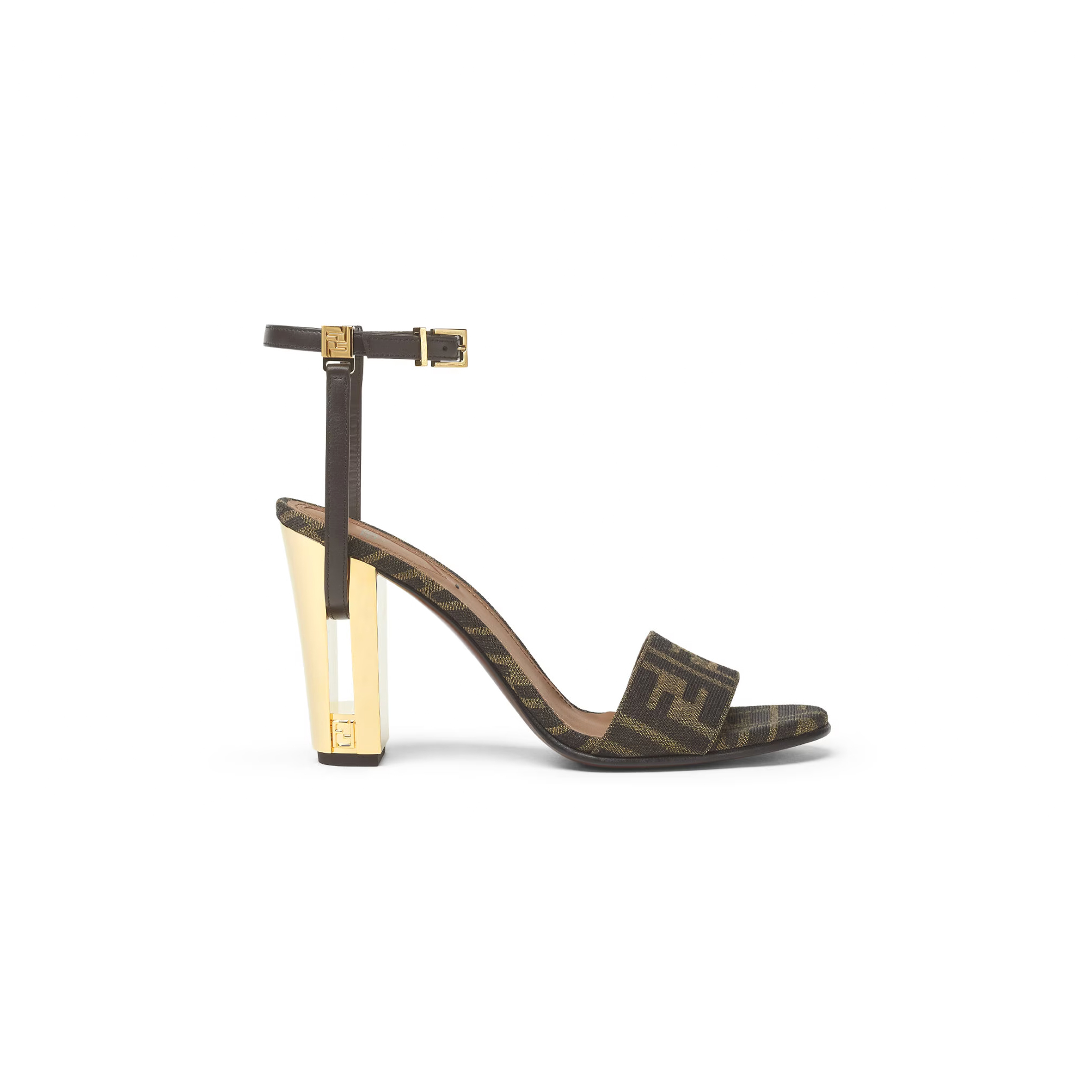 FENDI DELFINA SANDALO CON TACCO ALTO IN TESSUTO MARRONE 8X8442AJZFF1D1C